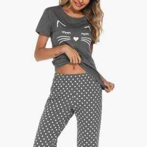 MEOW! Gray & White Polkadot Cat Pajamas